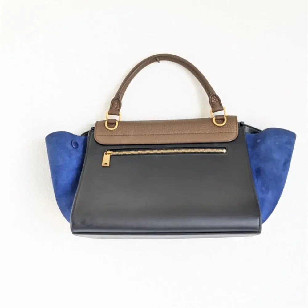 CELINE Blue/Black/Brown Leather Suede Trapeze Medium Handbag Shoulder Bag - Picture 2 of 16